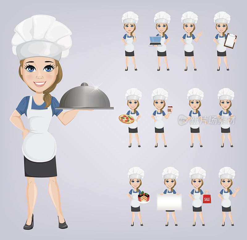 Chef woman set. Cute cartoon character cook. Vector illustration. EPS10